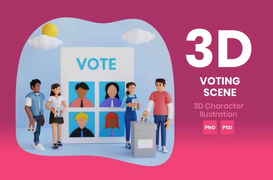 Free Voting Scene 3D Character Illustration Template Download