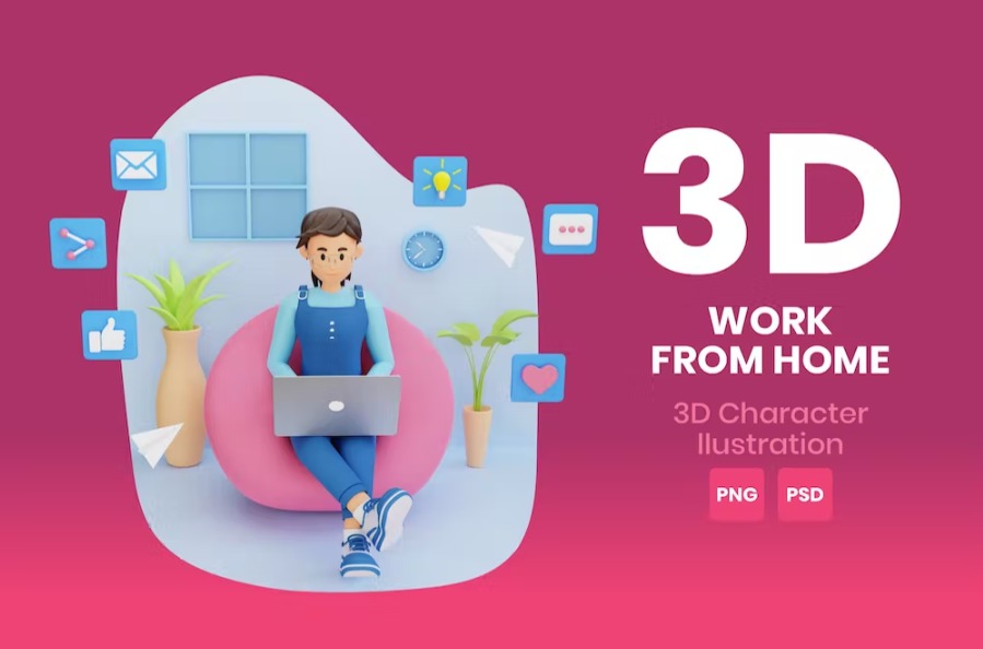 Free Work From Home 3D Character Illustration Template Download