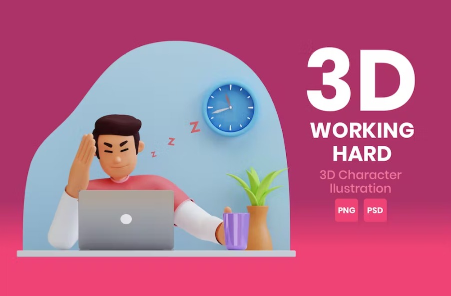 Free Working Hard 3D Character Illustration Template Download