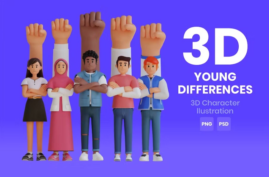 Free Young Differences 3D Character Illustration Template Download