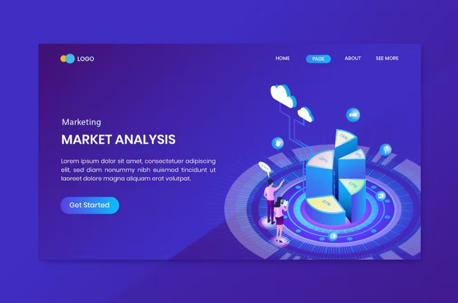 Free Marketing Pie Chart Isometric Landing Page Template Download