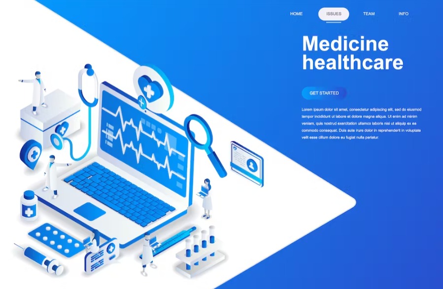 Free Medicine and Healthcare Isometric Landing Page Template Download