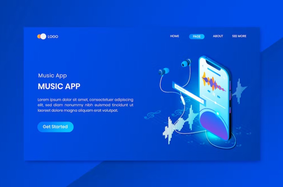 Free Online Music App Isometric Landing Page Template Download