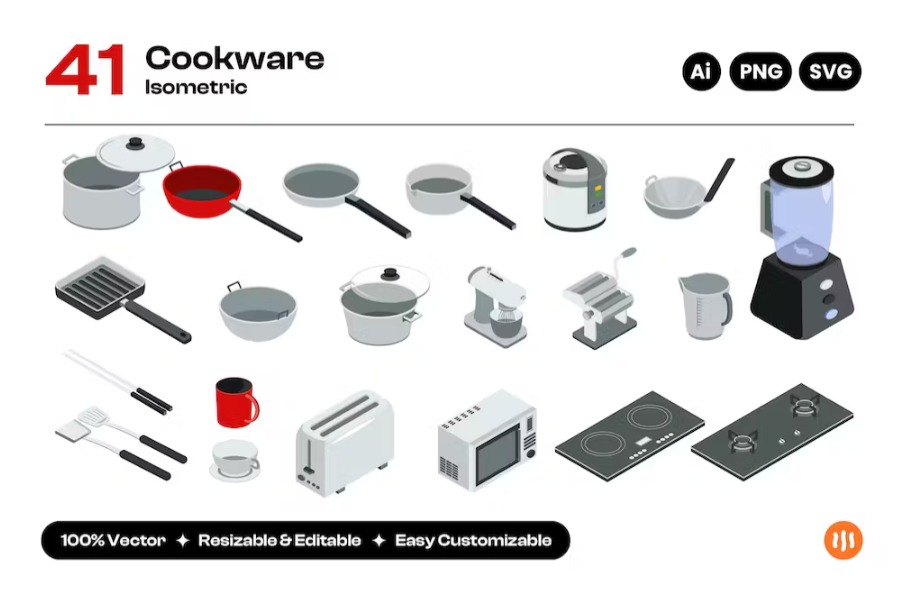 Free Set of cookware Isometric Landing Page Template Download