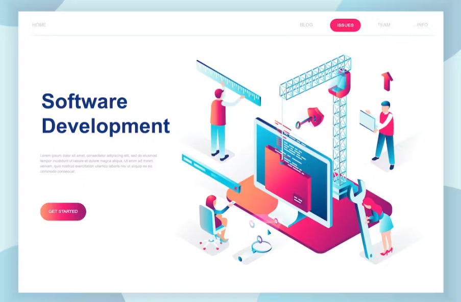 Free Software Development Isometric Landing Page Template Download