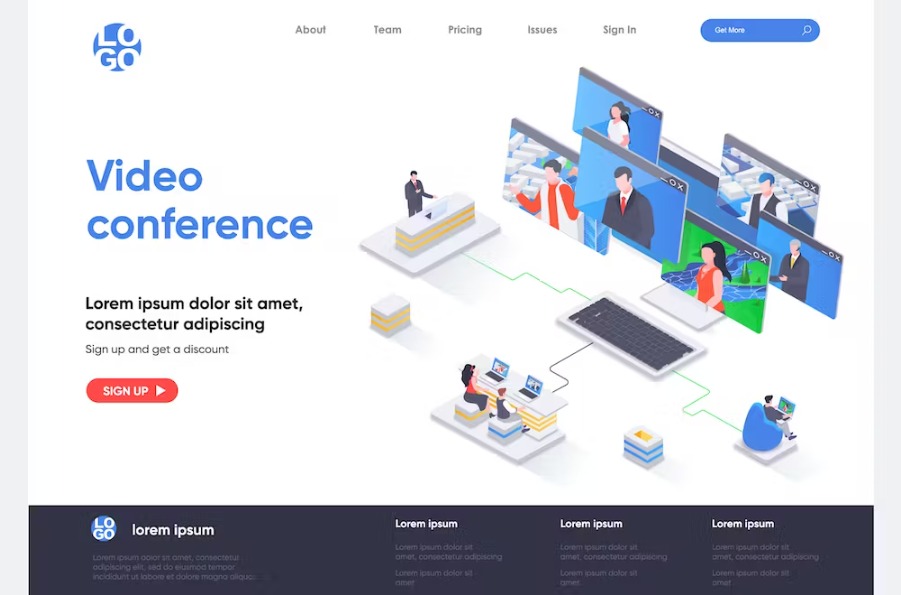 Free Video Conference Isometric Landing Page Template Download